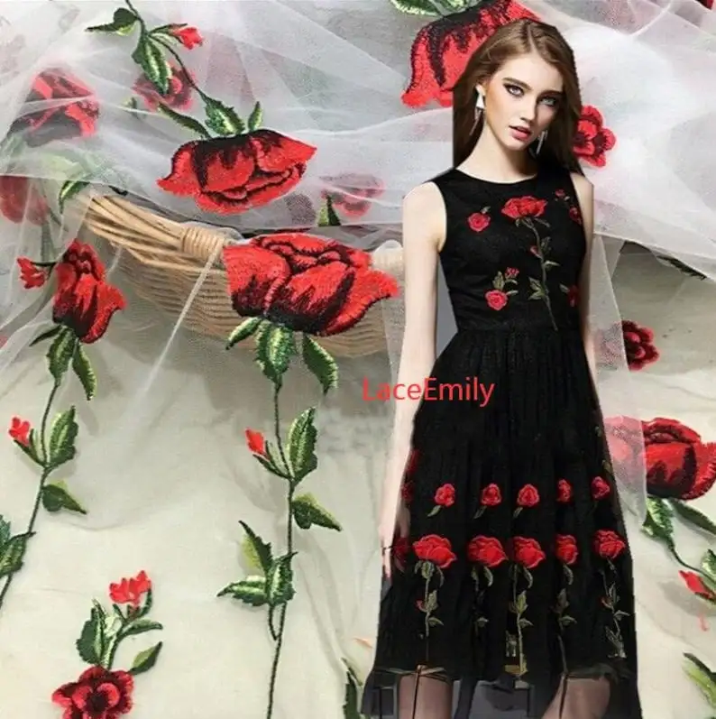 Embroidery Rose - وردة حمراء نسيج الدانتيل زهرة التطريز