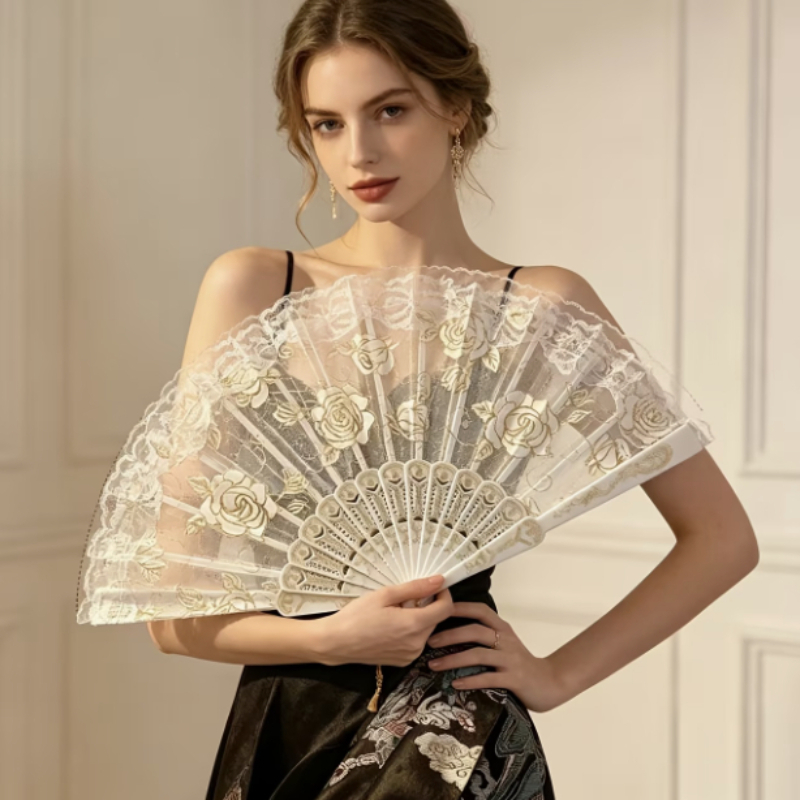 مروحة يدوية مزينة بالدانتيل ال - مراجعة Embroidery Rose وسعره